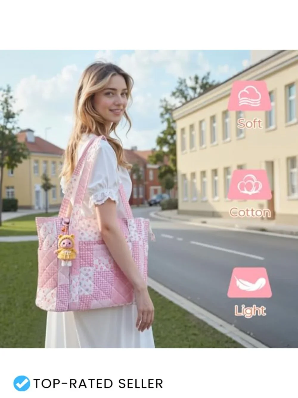 Quilted Tote Bag with Zipper, Large Capacity Shoulder Bag for Work Travel Gym
